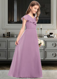 Maeve A-Line V-neck Floor-Length Chiffon Junior Bridesmaid Dress With Bow(s) Cascading Ruffles STKP0013494