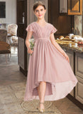 Greta A-Line V-neck Asymmetrical Chiffon Junior Bridesmaid Dress With Bow(s) Cascading Ruffles STKP0013496