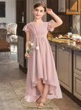 Greta A-Line V-neck Asymmetrical Chiffon Junior Bridesmaid Dress With Bow(s) Cascading Ruffles STKP0013496