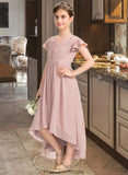 Greta A-Line V-neck Asymmetrical Chiffon Junior Bridesmaid Dress With Bow(s) Cascading Ruffles STKP0013496