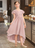 Greta A-Line V-neck Asymmetrical Chiffon Junior Bridesmaid Dress With Bow(s) Cascading Ruffles STKP0013496