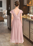 Greta A-Line V-neck Asymmetrical Chiffon Junior Bridesmaid Dress With Bow(s) Cascading Ruffles STKP0013496