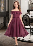 Raquel A-Line Off-the-Shoulder Tea-Length Chiffon Lace Junior Bridesmaid Dress STKP0013505