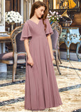 Nataly A-Line V-neck Floor-Length Chiffon Junior Bridesmaid Dress With Ruffle STKP0013510