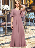 Nataly A-Line V-neck Floor-Length Chiffon Junior Bridesmaid Dress With Ruffle STKP0013510