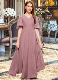 Nataly A-Line V-neck Floor-Length Chiffon Junior Bridesmaid Dress With Ruffle STKP0013510