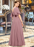 Nataly A-Line V-neck Floor-Length Chiffon Junior Bridesmaid Dress With Ruffle STKP0013510