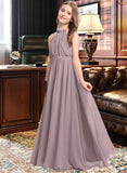 Angela A-Line High Neck Floor-Length Chiffon Junior Bridesmaid Dress With Bow(s) Cascading Ruffles STKP0013512