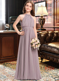 Angela A-Line High Neck Floor-Length Chiffon Junior Bridesmaid Dress With Bow(s) Cascading Ruffles STKP0013512