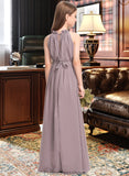 Angela A-Line High Neck Floor-Length Chiffon Junior Bridesmaid Dress With Bow(s) Cascading Ruffles STKP0013512