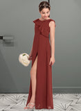 Shelby A-Line V-neck Floor-Length Chiffon Junior Bridesmaid Dress With Split Front Cascading Ruffles STKP0013517