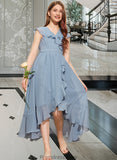 Salma A-Line V-neck Asymmetrical Chiffon Junior Bridesmaid Dress With Bow(s) Cascading Ruffles STKP0013522