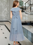 Salma A-Line V-neck Asymmetrical Chiffon Junior Bridesmaid Dress With Bow(s) Cascading Ruffles STKP0013522