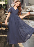 Cecilia A-Line V-neck Floor-Length Chiffon Lace Junior Bridesmaid Dress With Bow(s) STKP0013523