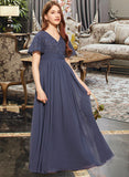 Cecilia A-Line V-neck Floor-Length Chiffon Lace Junior Bridesmaid Dress With Bow(s) STKP0013523