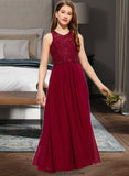 Rose A-Line Scoop Neck Floor-Length Chiffon Lace Junior Bridesmaid Dress With Sequins STKP0013525