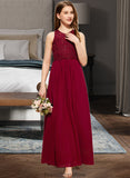 Rose A-Line Scoop Neck Floor-Length Chiffon Lace Junior Bridesmaid Dress With Sequins STKP0013525