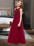 Rose A-Line Scoop Neck Floor-Length Chiffon Lace Junior Bridesmaid Dress With Sequins STKP0013525