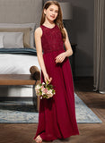 Rose A-Line Scoop Neck Floor-Length Chiffon Lace Junior Bridesmaid Dress With Sequins STKP0013525