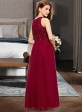 Rose A-Line Scoop Neck Floor-Length Chiffon Lace Junior Bridesmaid Dress With Sequins STKP0013525