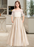 Janae Ball-Gown/Princess Off-the-Shoulder Floor-Length Satin Lace Junior Bridesmaid Dress With Bow(s) Pockets STKP0013530