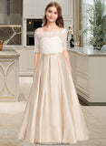 Janae Ball-Gown/Princess Off-the-Shoulder Floor-Length Satin Lace Junior Bridesmaid Dress With Bow(s) Pockets STKP0013530