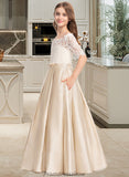 Janae Ball-Gown/Princess Off-the-Shoulder Floor-Length Satin Lace Junior Bridesmaid Dress With Bow(s) Pockets STKP0013530