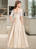 Janae Ball-Gown/Princess Off-the-Shoulder Floor-Length Satin Lace Junior Bridesmaid Dress With Bow(s) Pockets STKP0013530