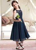 Rhoda A-Line Scoop Neck Tea-Length Chiffon Lace Junior Bridesmaid Dress With Ruffle STKP0013536