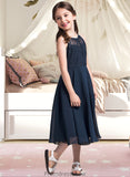 Rhoda A-Line Scoop Neck Tea-Length Chiffon Lace Junior Bridesmaid Dress With Ruffle STKP0013536