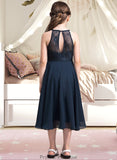 Rhoda A-Line Scoop Neck Tea-Length Chiffon Lace Junior Bridesmaid Dress With Ruffle STKP0013536