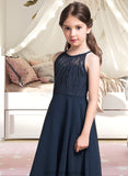 Rhoda A-Line Scoop Neck Tea-Length Chiffon Lace Junior Bridesmaid Dress With Ruffle STKP0013536