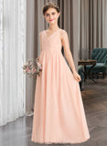 Evelin A-Line V-neck Floor-Length Chiffon Lace Junior Bridesmaid Dress With Ruffle STKP0013540