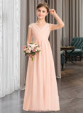 Evelin A-Line V-neck Floor-Length Chiffon Lace Junior Bridesmaid Dress With Ruffle STKP0013540