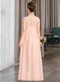 Evelin A-Line V-neck Floor-Length Chiffon Lace Junior Bridesmaid Dress With Ruffle STKP0013540