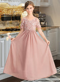 Angelina A-Line V-neck Floor-Length Chiffon Lace Junior Bridesmaid Dress STKP0013541