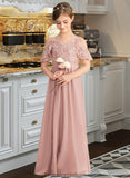 Angelina A-Line V-neck Floor-Length Chiffon Lace Junior Bridesmaid Dress STKP0013541