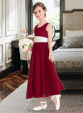 Raven Empire A-Line Scoop Neck Ankle-Length Chiffon Junior Bridesmaid Dress With Sash Bow(s) STKP0013542