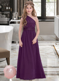 Trudie A-Line One-Shoulder Floor-Length Chiffon Junior Bridesmaid Dress With Ruffle STKP0013544