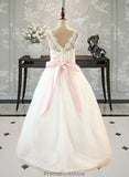 Mabel Ball-Gown/Princess Scoop Neck Floor-Length Tulle Junior Bridesmaid Dress With Sash Beading Bow(s) STKP0013545