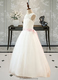 Mabel Ball-Gown/Princess Scoop Neck Floor-Length Tulle Junior Bridesmaid Dress With Sash Beading Bow(s) STKP0013545