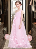 Reyna A-Line One-Shoulder Floor-Length Tulle Junior Bridesmaid Dress With Ruffle Flower(s) STKP0013546