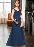 Joan A-Line V-neck Floor-Length Chiffon Junior Bridesmaid Dress With Bow(s) STKP0013548