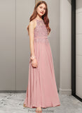 Eden A-Line Scoop Neck Floor-Length Chiffon Lace Junior Bridesmaid Dress STKP0013549