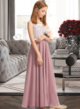 Rebecca A-Line V-neck Floor-Length Chiffon Lace Junior Bridesmaid Dress STKP0013552