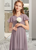 Kaelyn A-Line V-neck Floor-Length Chiffon Junior Bridesmaid Dress With Ruffle STKP0013554