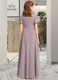 Kaelyn A-Line V-neck Floor-Length Chiffon Junior Bridesmaid Dress With Ruffle STKP0013554