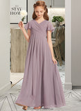 Kaelyn A-Line V-neck Floor-Length Chiffon Junior Bridesmaid Dress With Ruffle STKP0013554