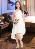 Jordin A-Line One-Shoulder Asymmetrical Chiffon Lace Junior Bridesmaid Dress With Bow(s) STKP0013557