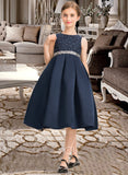 Elisa A-Line Scoop Neck Knee-Length Satin Lace Junior Bridesmaid Dress With Beading Bow(s) STKP0013559